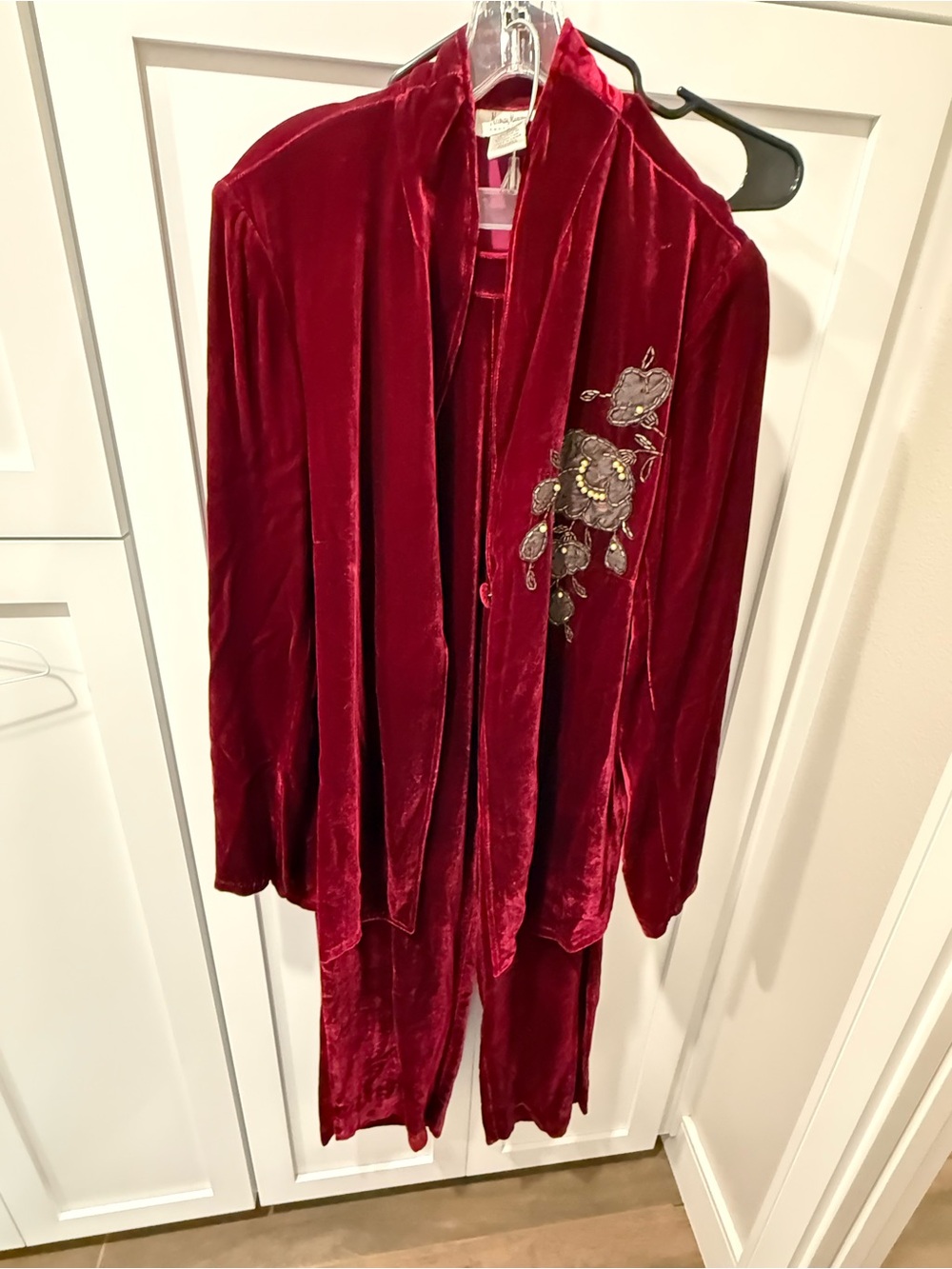 Neiman Marcus Red Velvet Embroidered Robe Jacket with tank top and pants